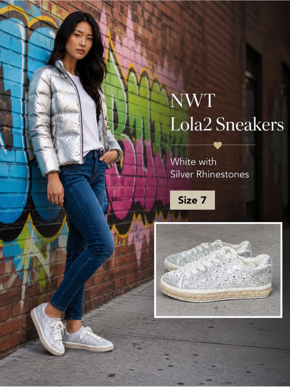 NWT Lola2 Sneakers white with Silver Rhinestones size 7